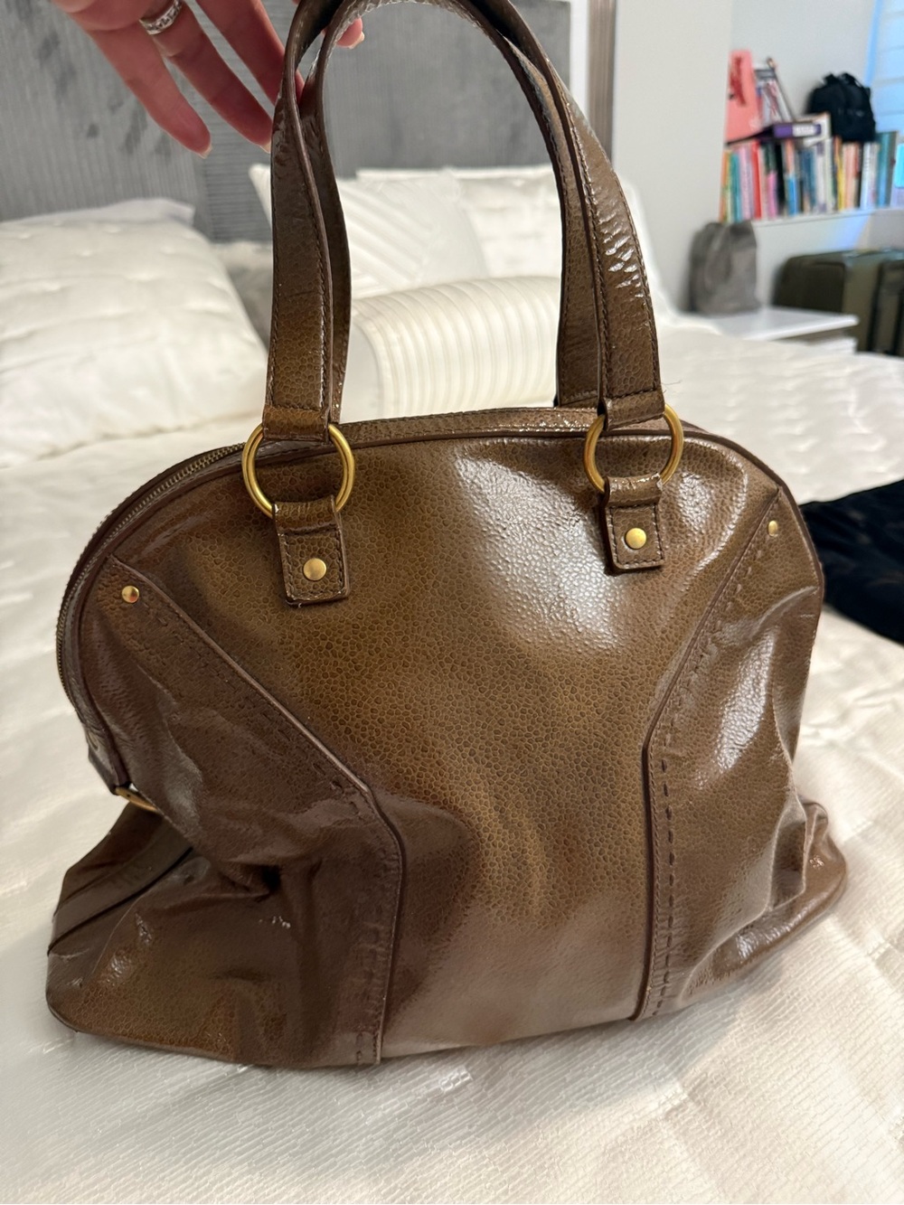 Coffee color Patent Leather YSL Large Muse Bag, pre loved,as is.W/dust bag